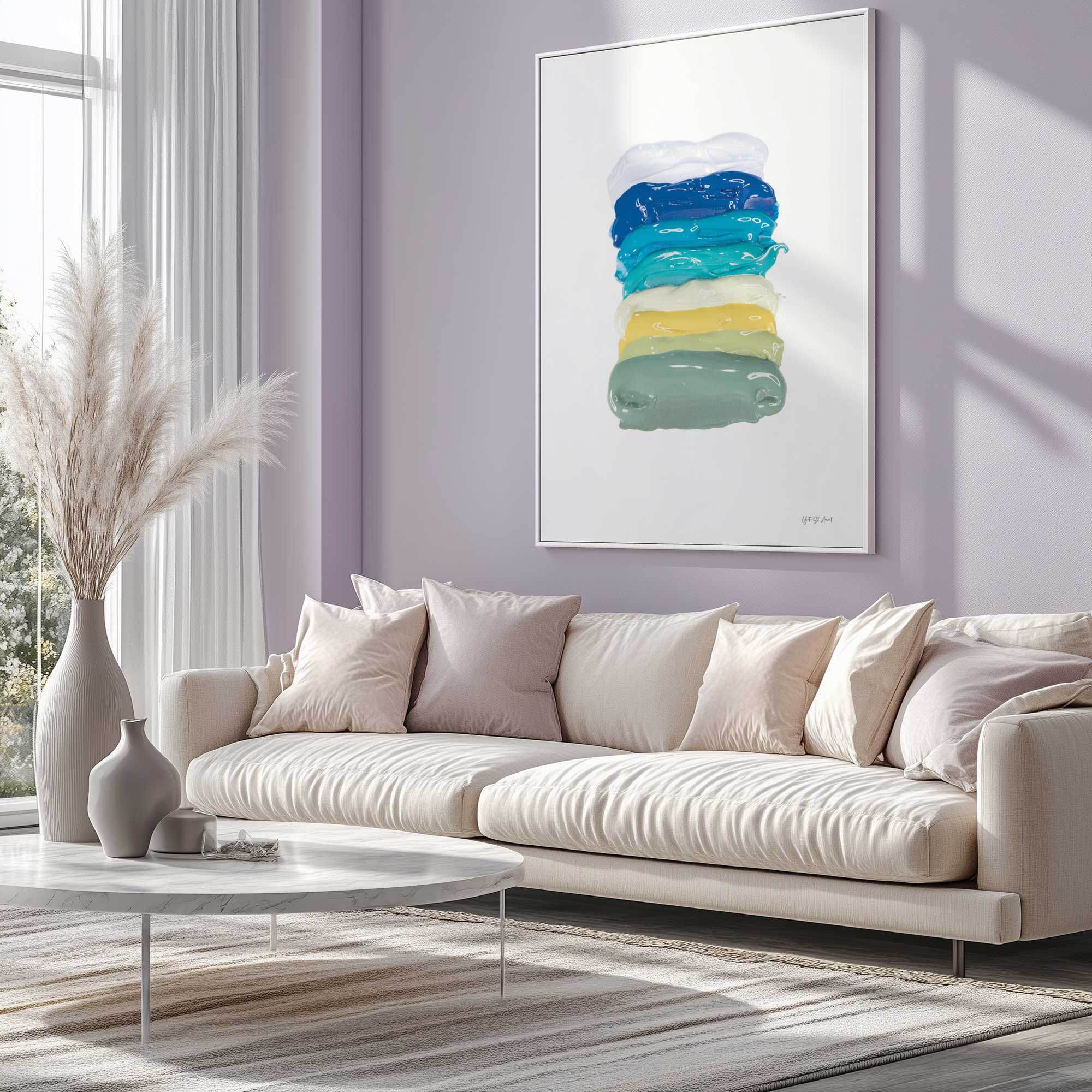 stacked in sunshine and sea framed textured appearing art print hanging in a light purple living room