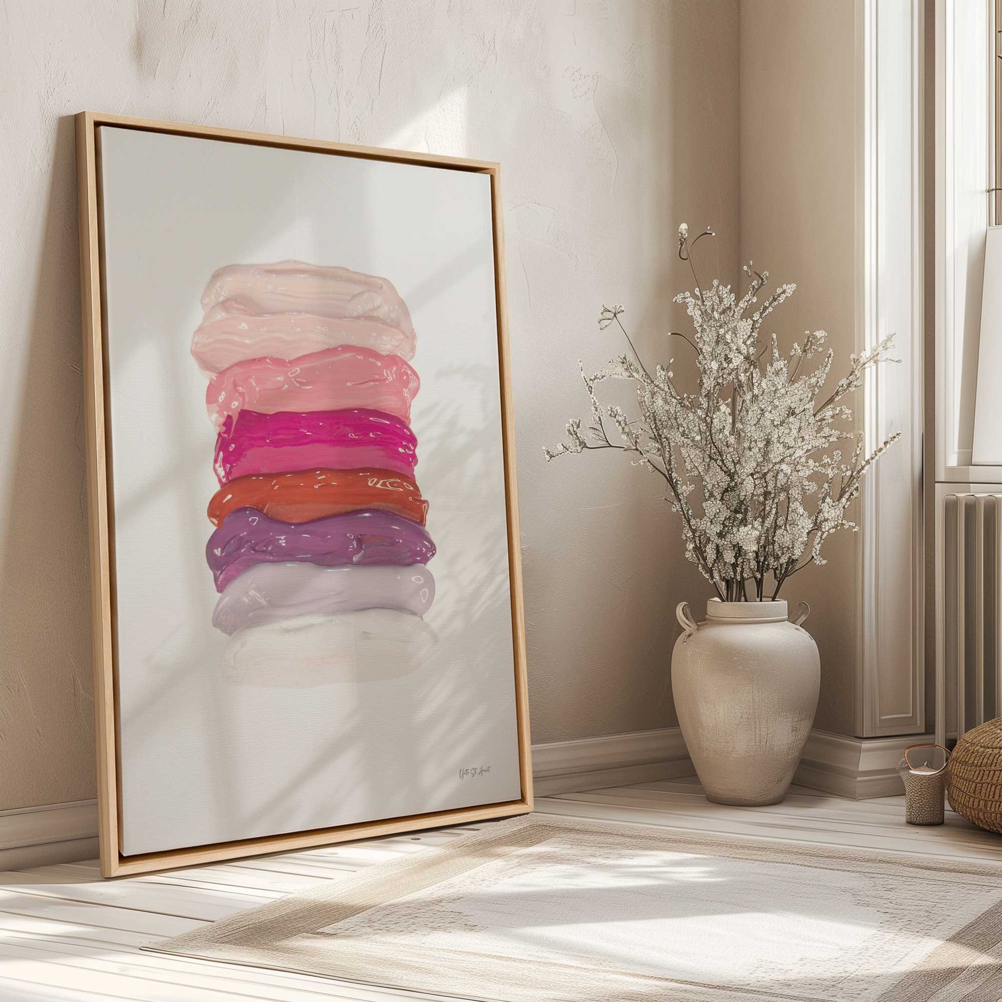 Berry swirl stafck framed canvas print leaning against a wall