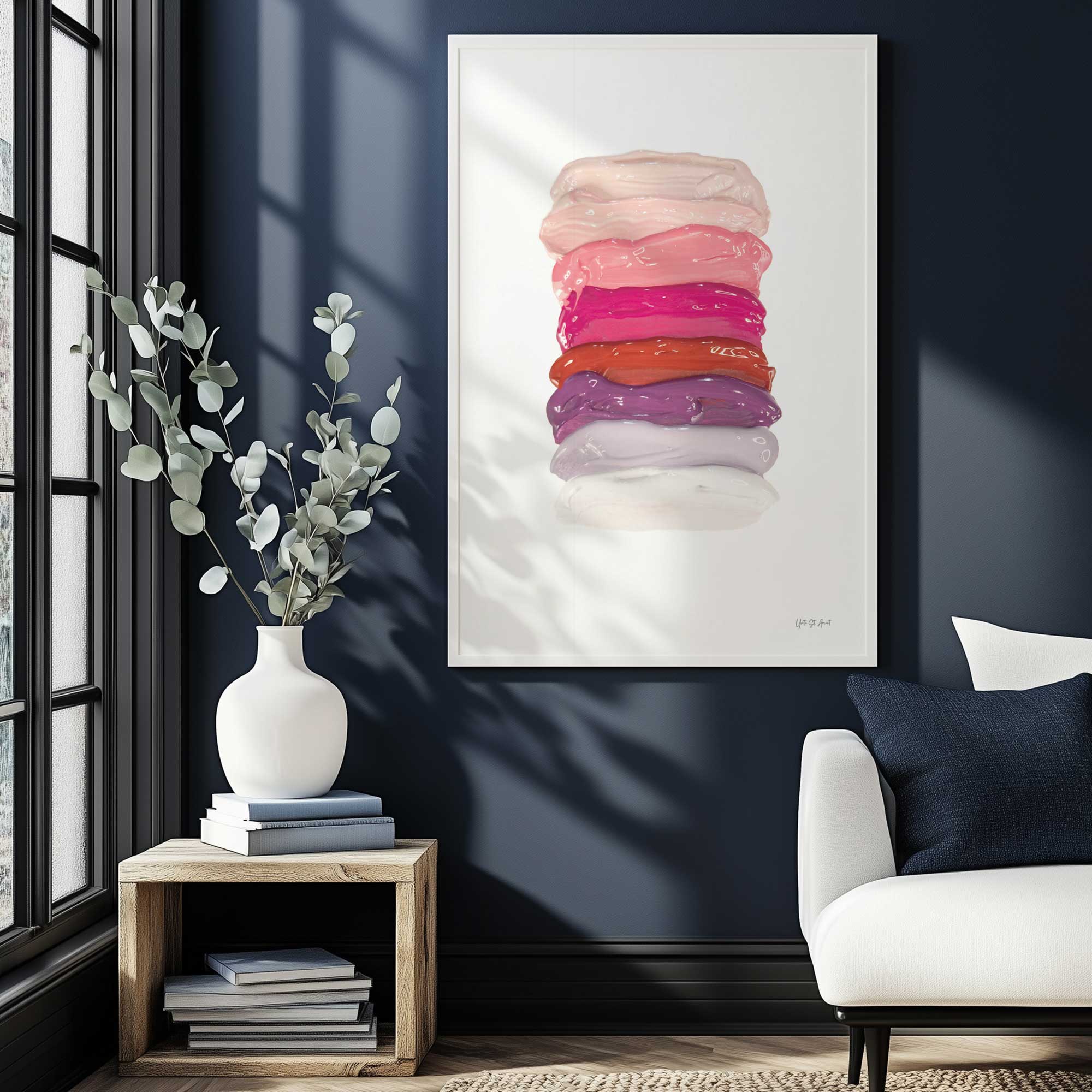 berry swirl stack textured appearance abstract art hanging in a navy blue living room
