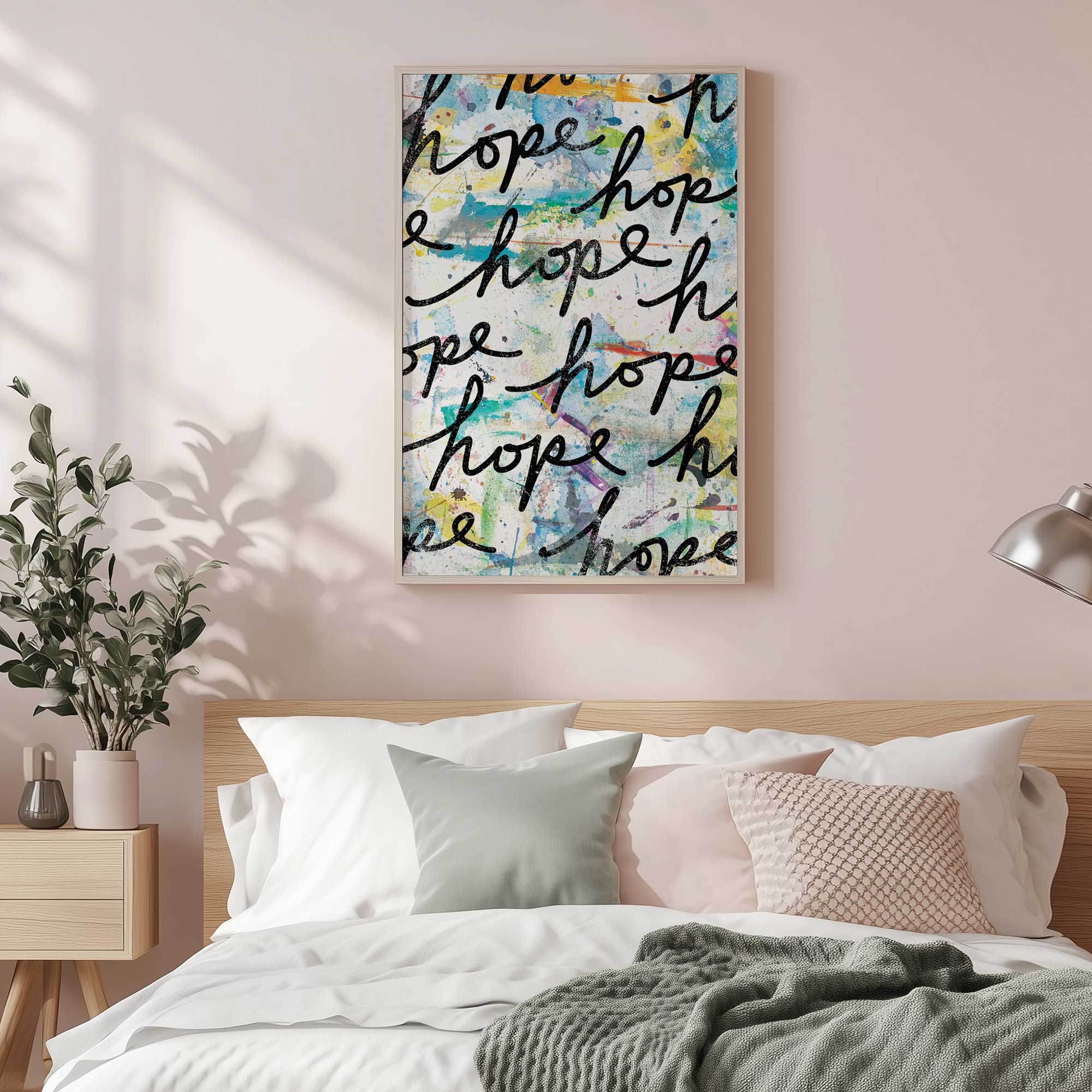 layers of hope graffiti style art print hanging in a bedroom