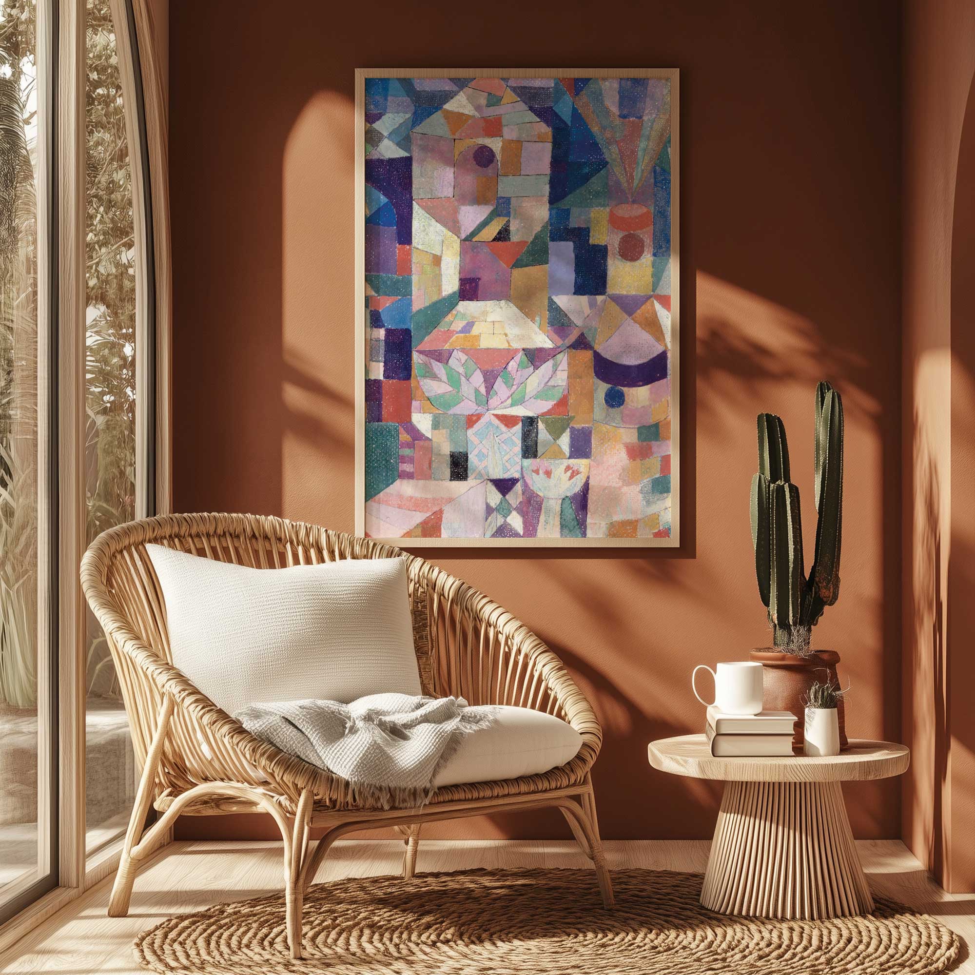 stained glass dreams large abstract colorful art print hanging in a brown sitting room
