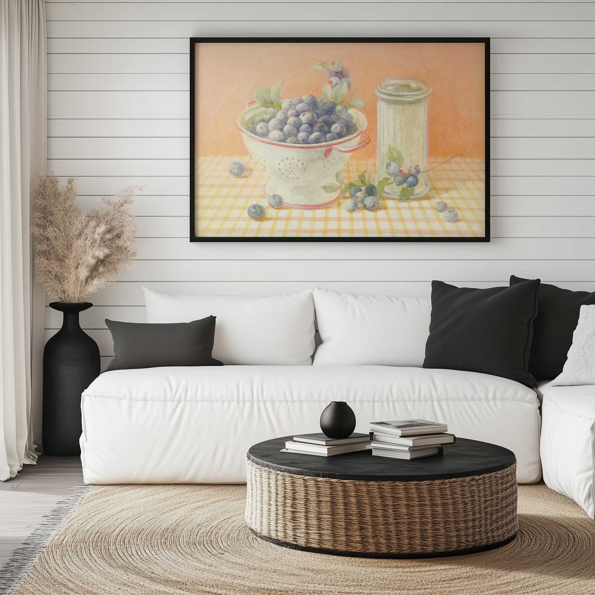 blueberries in the kitchen art print but hanging in a living room above a couch