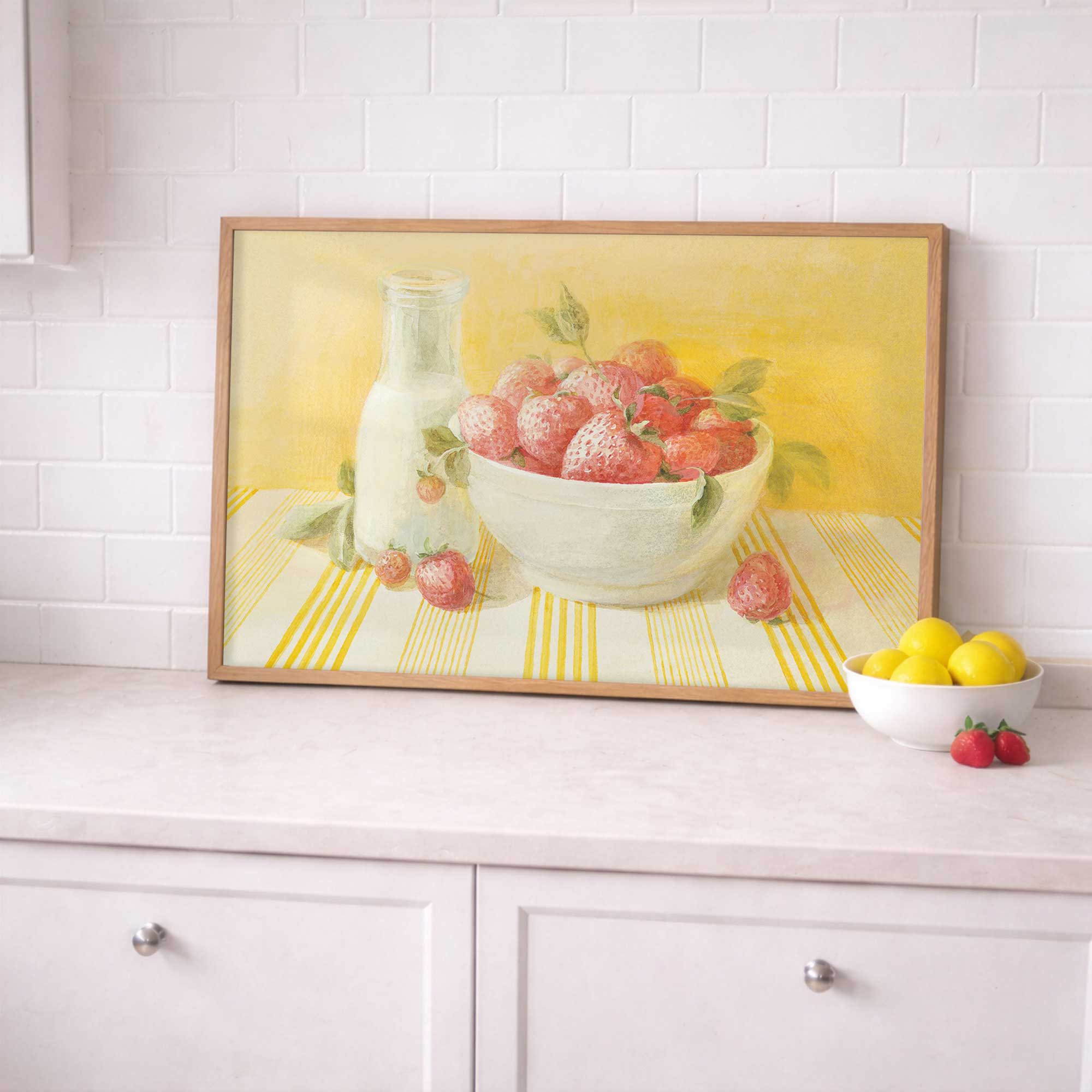 Strawberries and Cream art print leaning on a kitchen counter