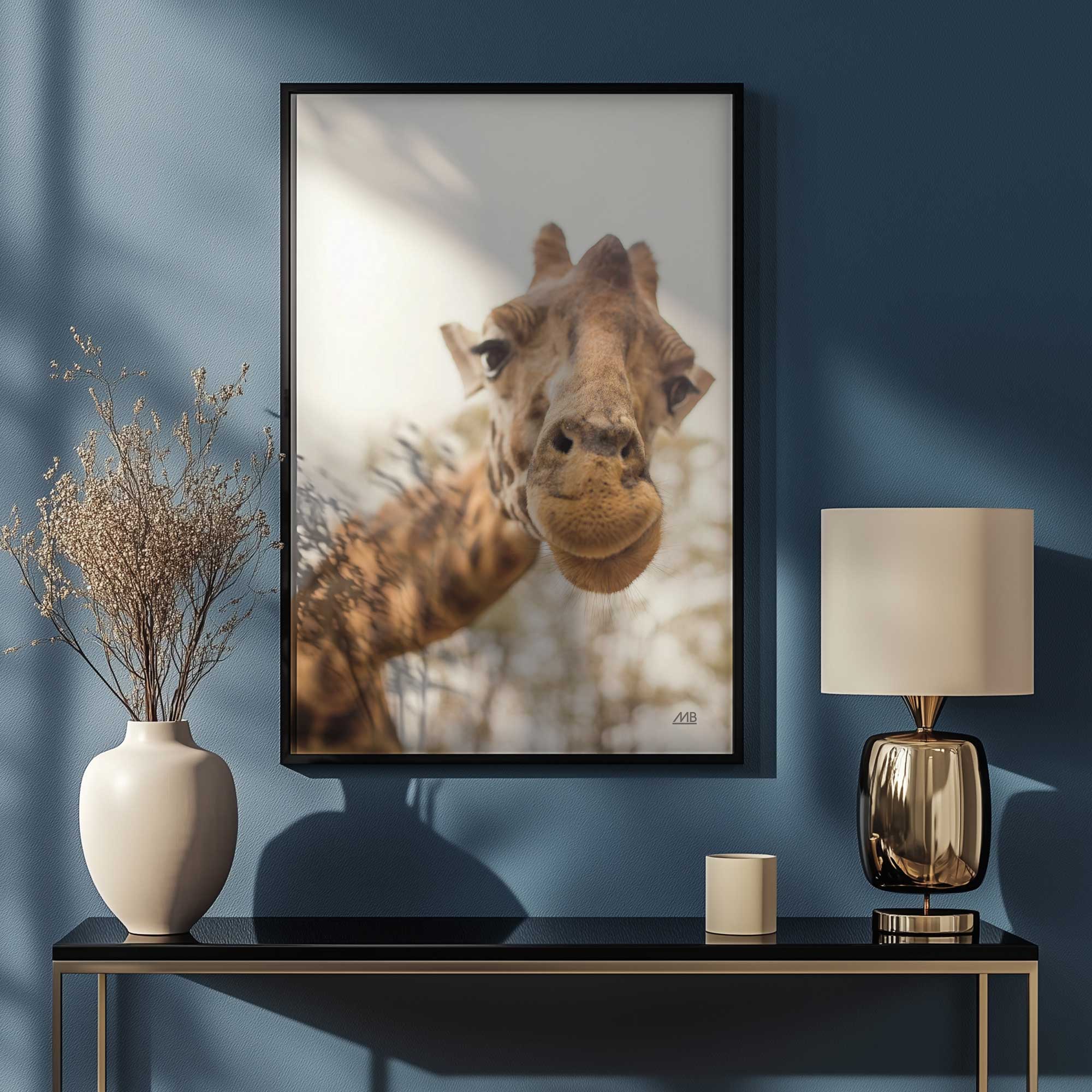 Up Close and Giraffe-nal Art Print hanging above console table