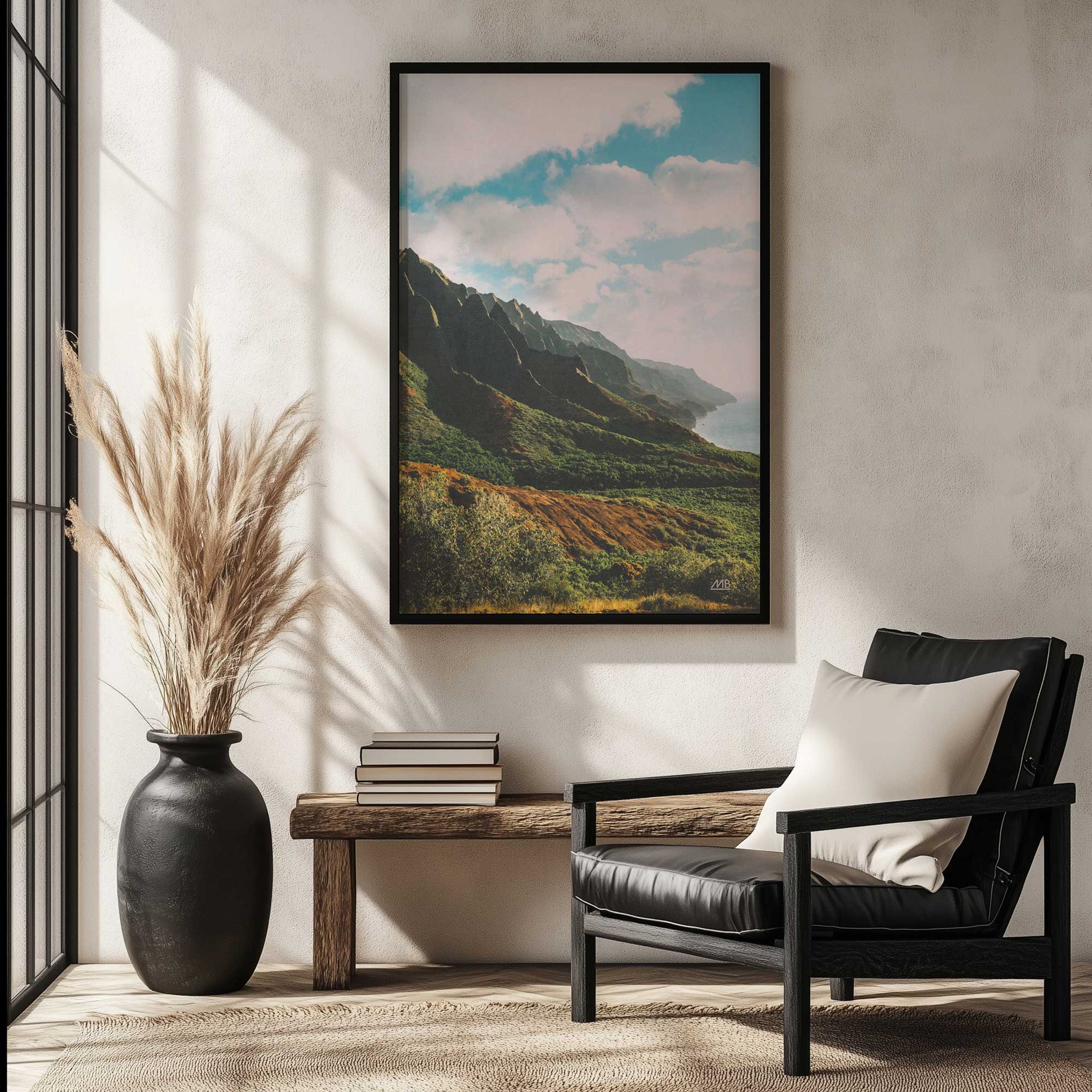 cliffs, clouds and chill art print in a black frame hanging in a bright sitting room