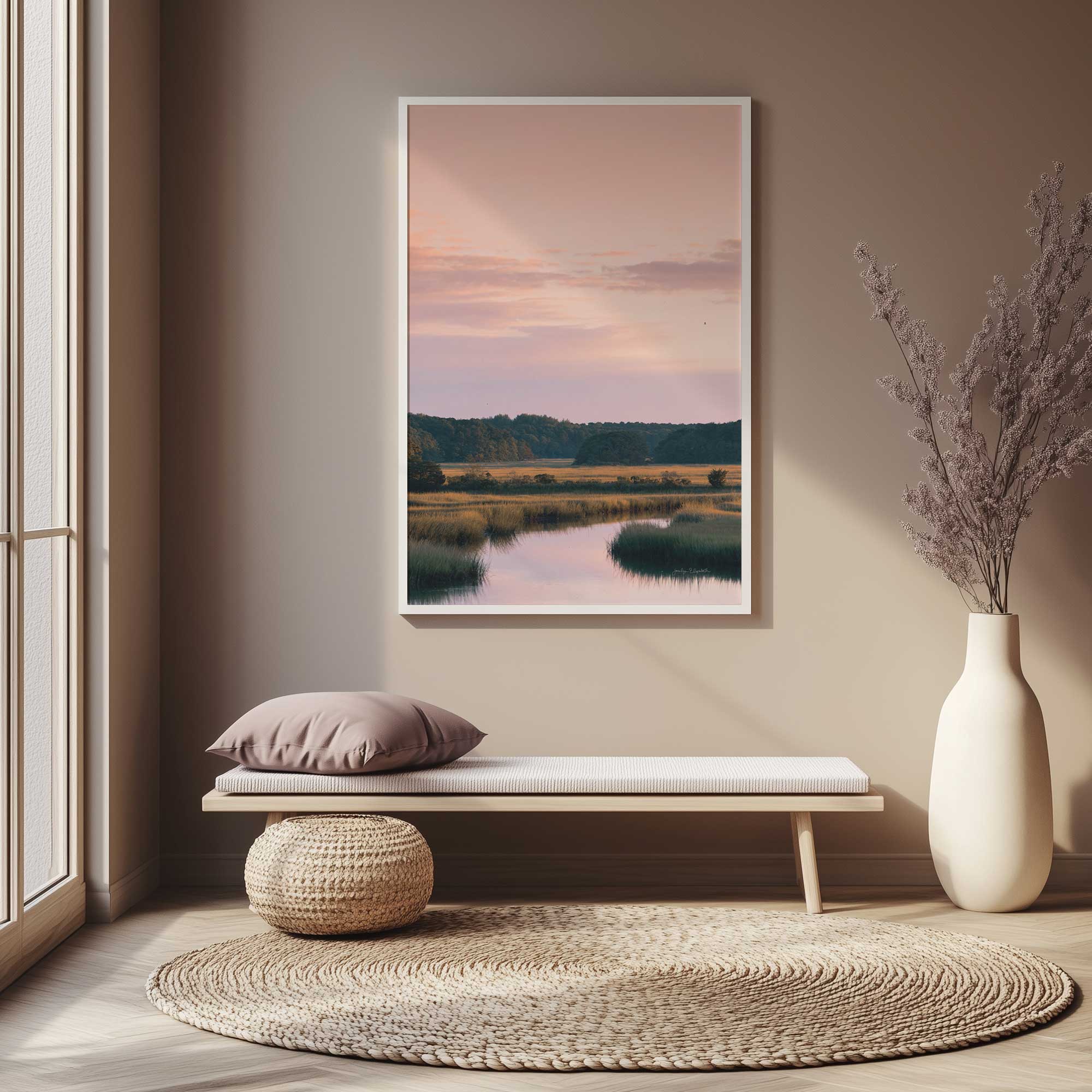 fields of peach light art print hanging above a cozy bench