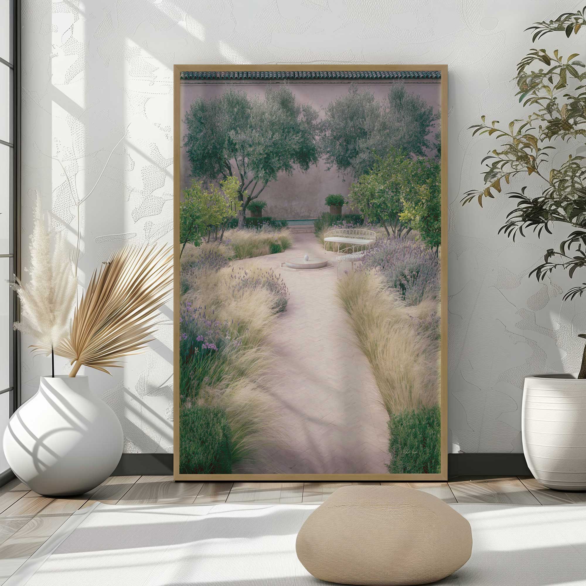 lavender breeze and olive trees framed print in a gold frame leaning against the wall
