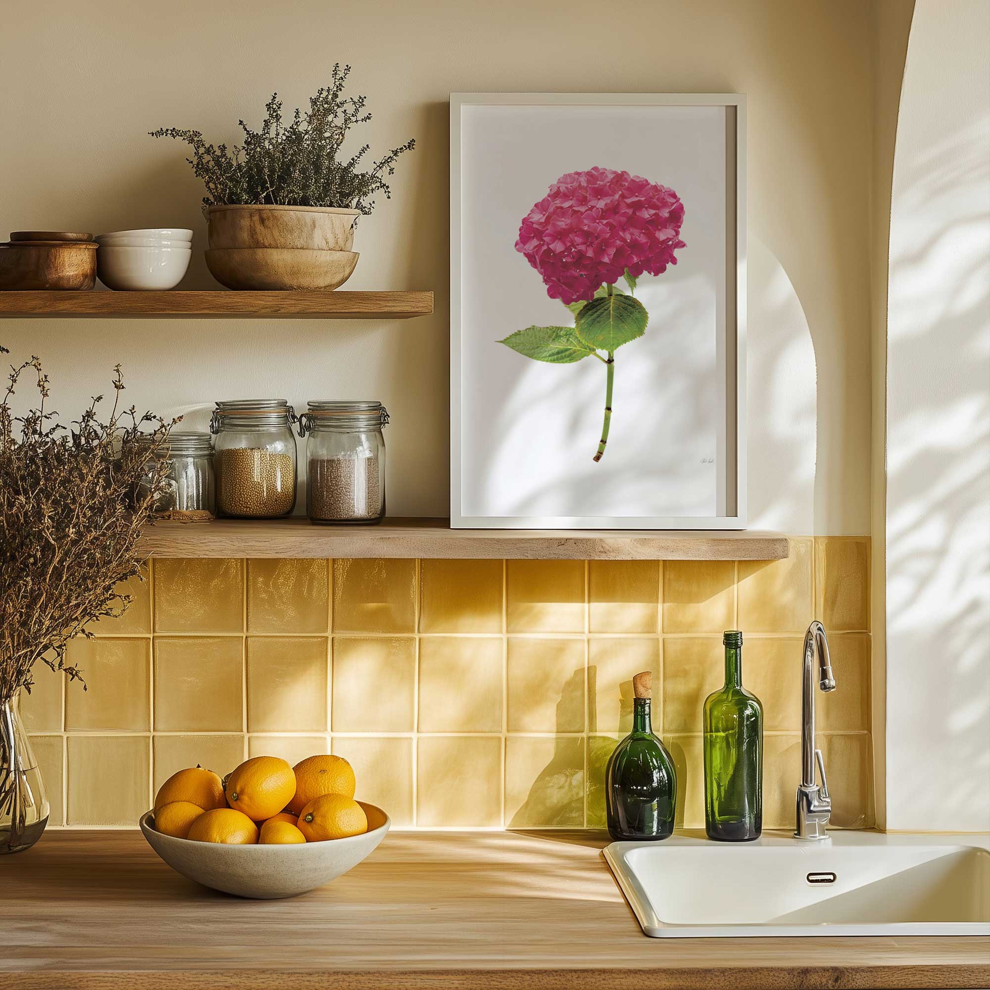 One perfect hydrangea II art print in a yellow kitchen