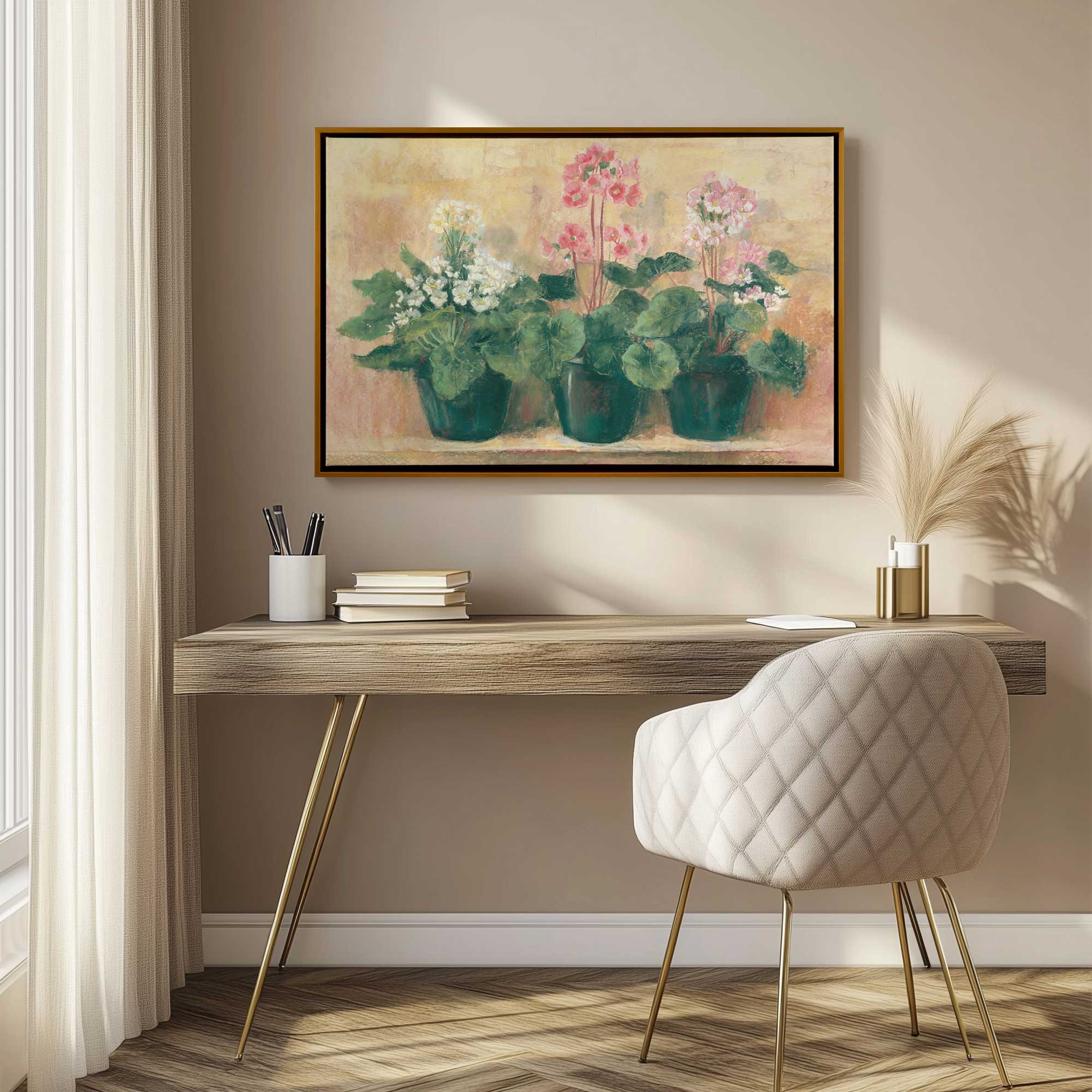 Three potted Geraniums framed canvas print hanging above a desk