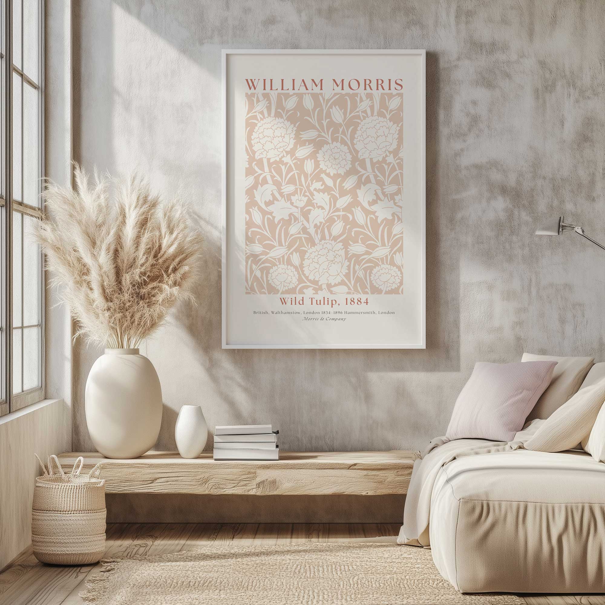 William Morris Wild Tulip art print hanging in a beige sitting room
