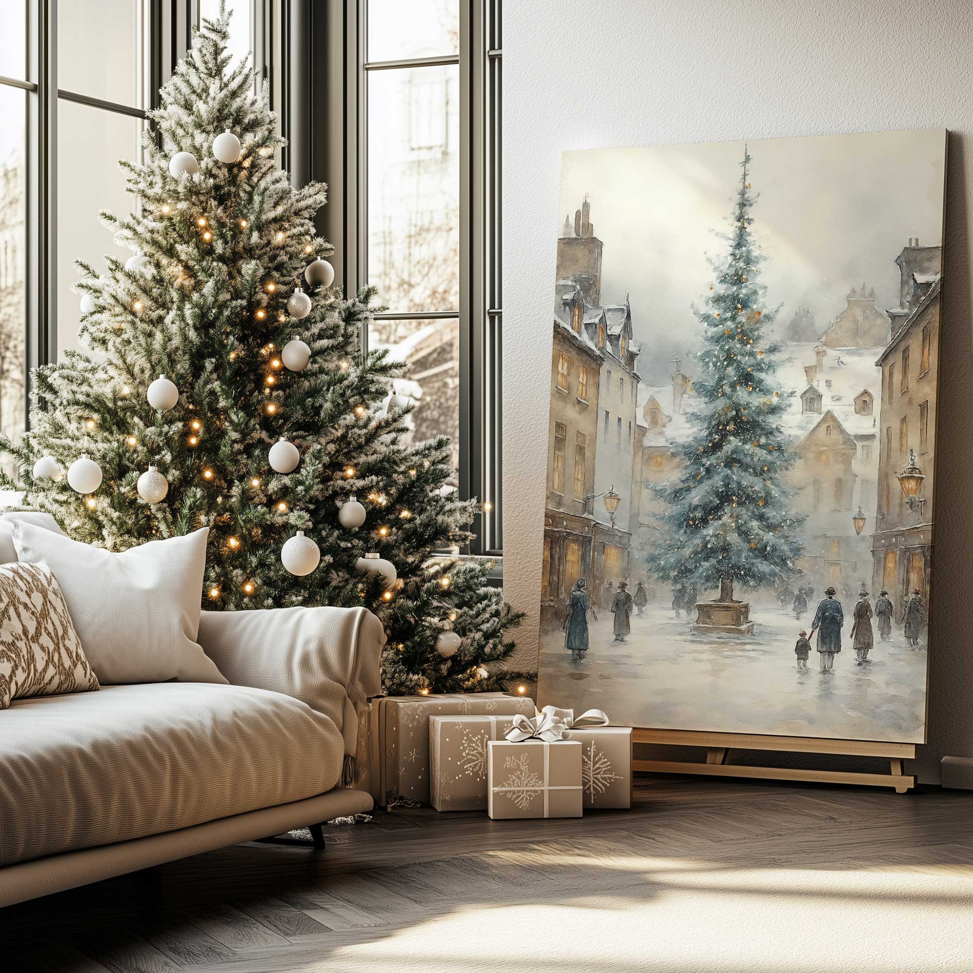 Silent night stroll canvas print on an easel next to the tree