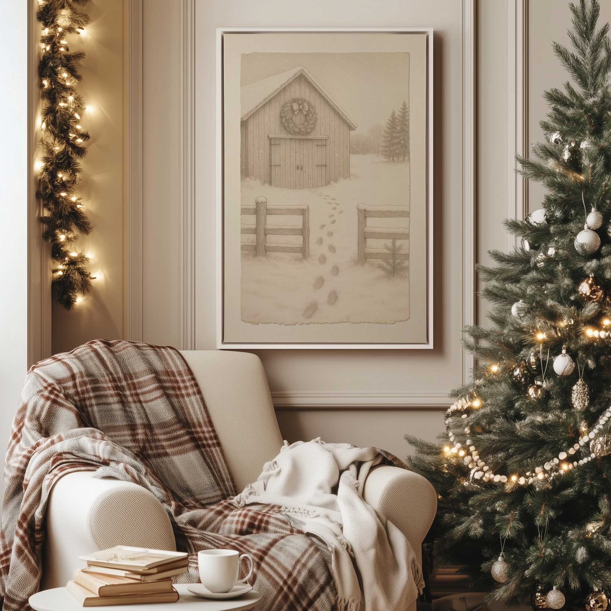 winter barn glow canvas print in a white floater frame hanging above an armchair