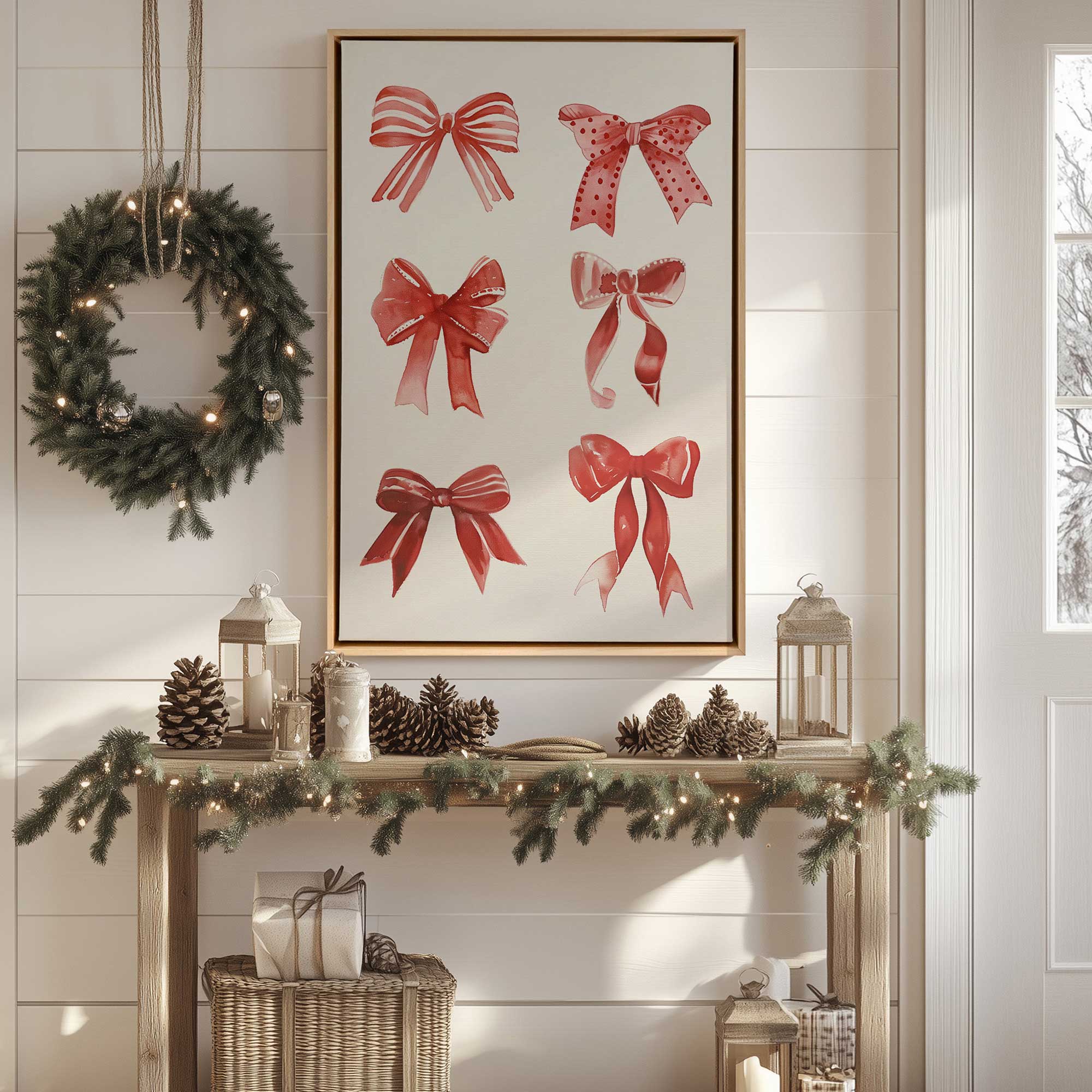 bow-tiful christmas canvas print in a maple floater frame hanging by the door