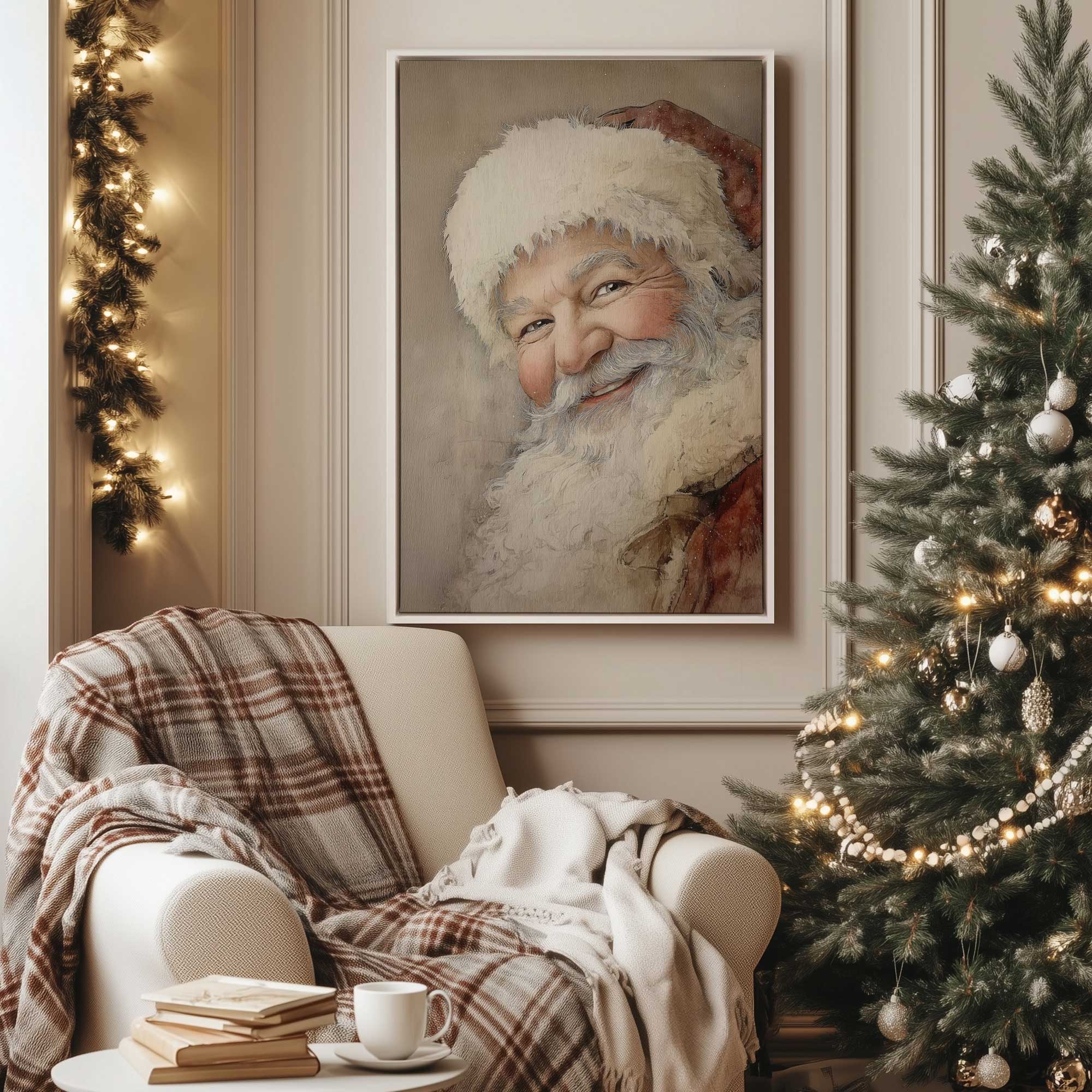 Santa's wink canvas print in a white floater frame hanging by the tree